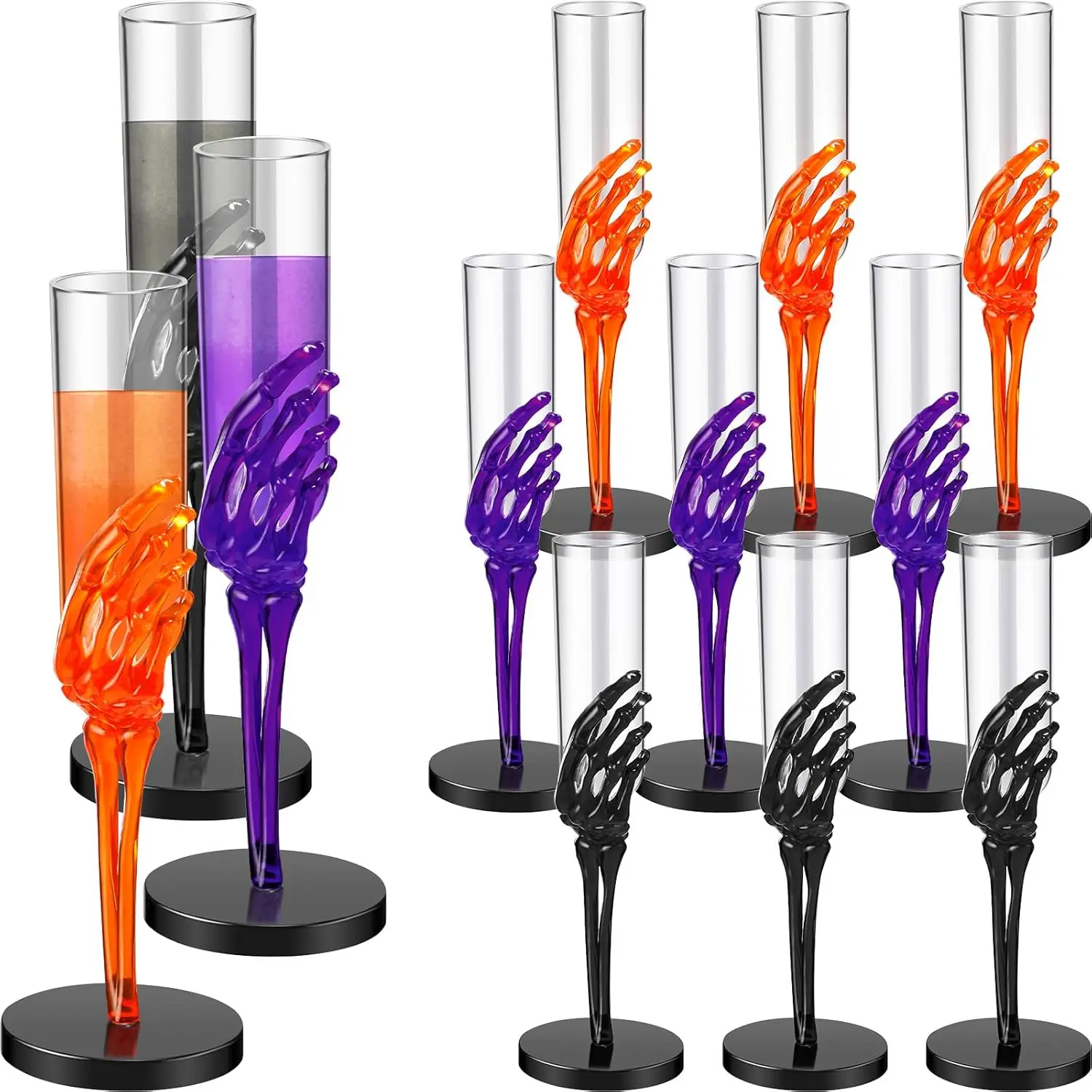 

12 Pcs Halloween Goblets with Skeleton Hand Plastic Champagne Flutes (Orange, Black, Purple)