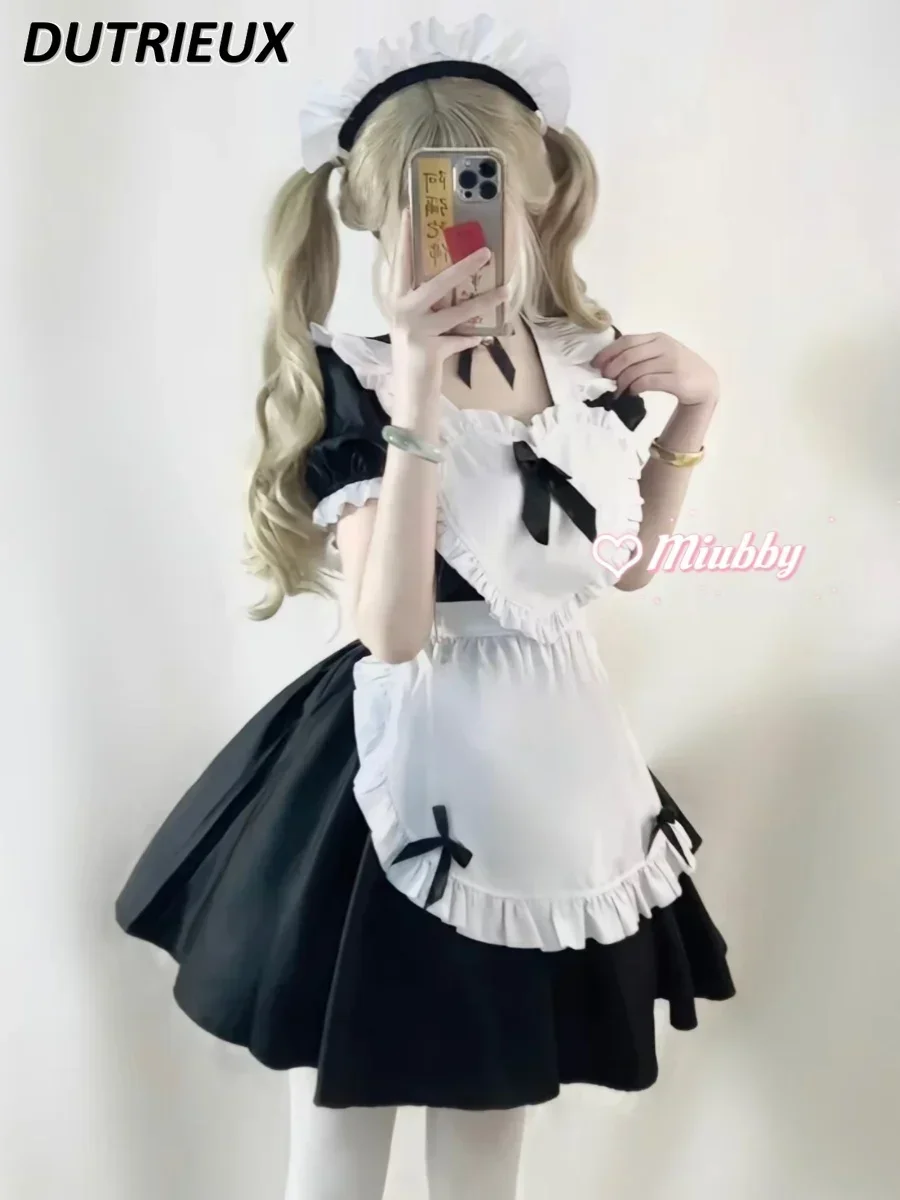 Japanese Style Soft Girl Maid Costume Cosplay Short Sleeve Waist-Controlled Dress Sweet Bow Lolita Christmas Dresses Suit