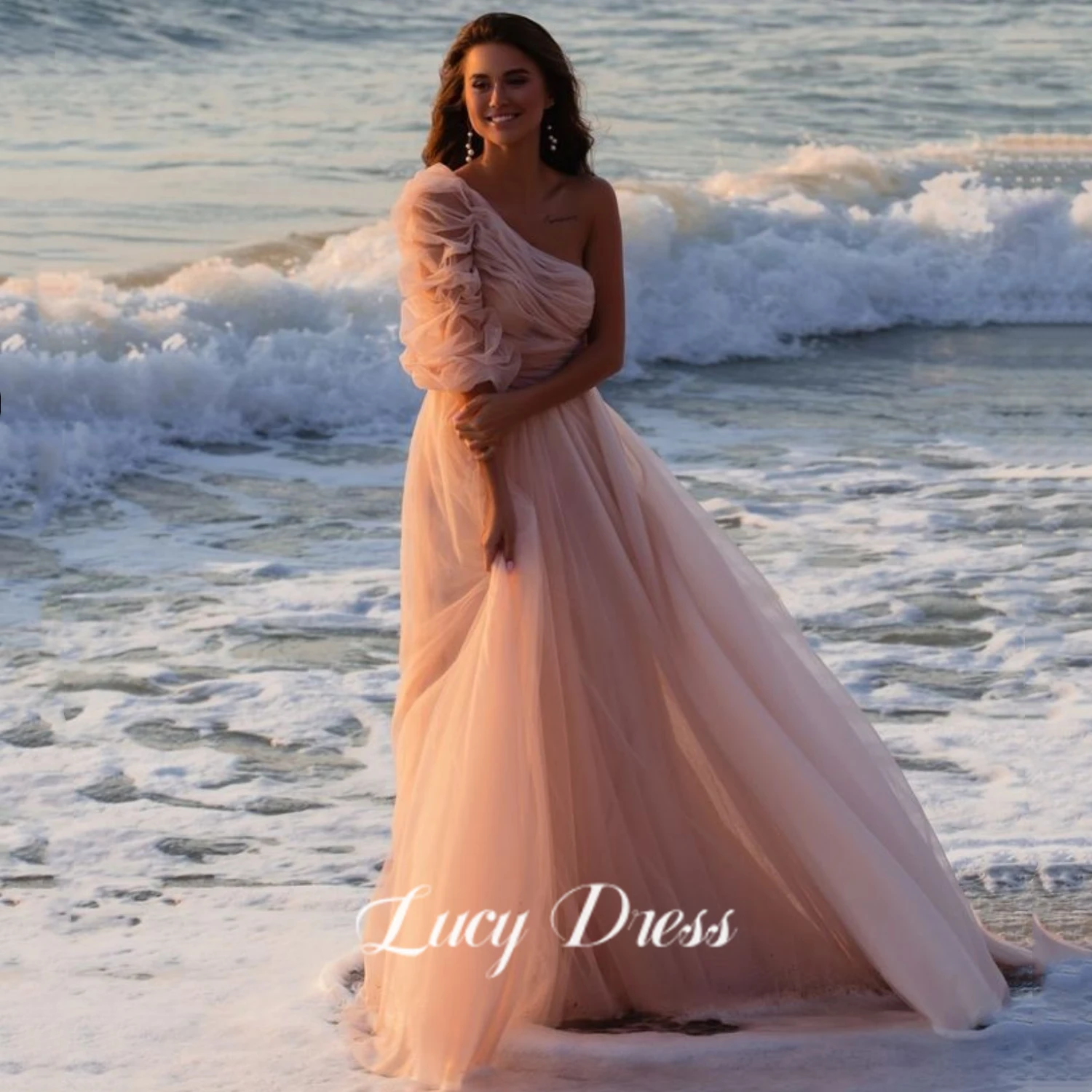 

Lucy Elegant Evening Dresses for Women 2023 Reunion Mesh Long Wedding Party Dress Es Shoulder Sleeve Bridesmaid Pink Graduate