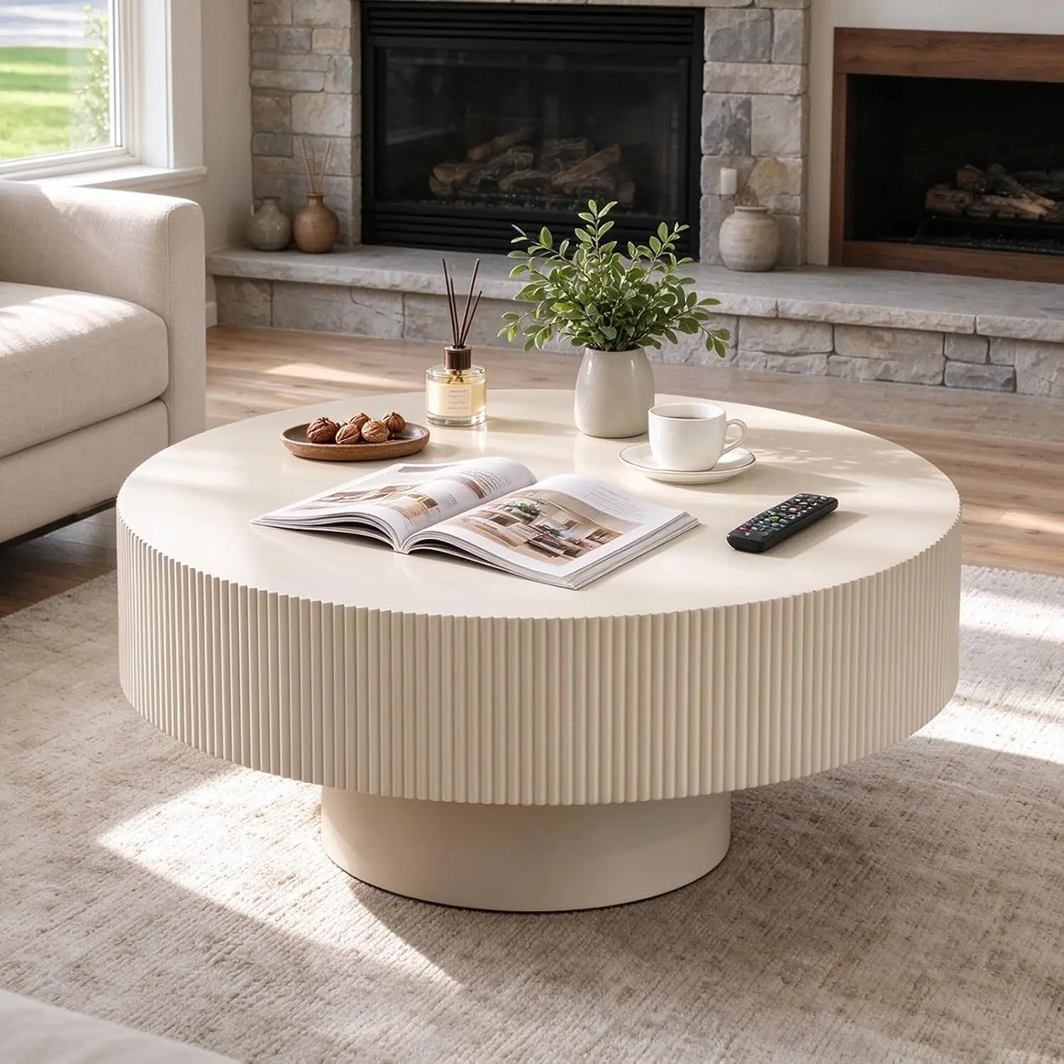 Round Drum Coffee Table 30.7'' Off White Fluted Side Table, Customized