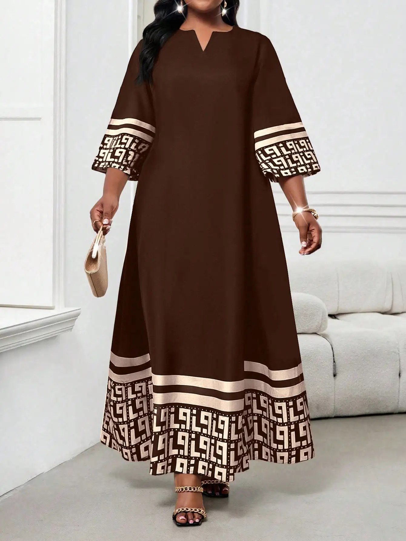 

Brown Plus Size V-Neck Maxi Dress with Geometric Print Cuffs and Hem