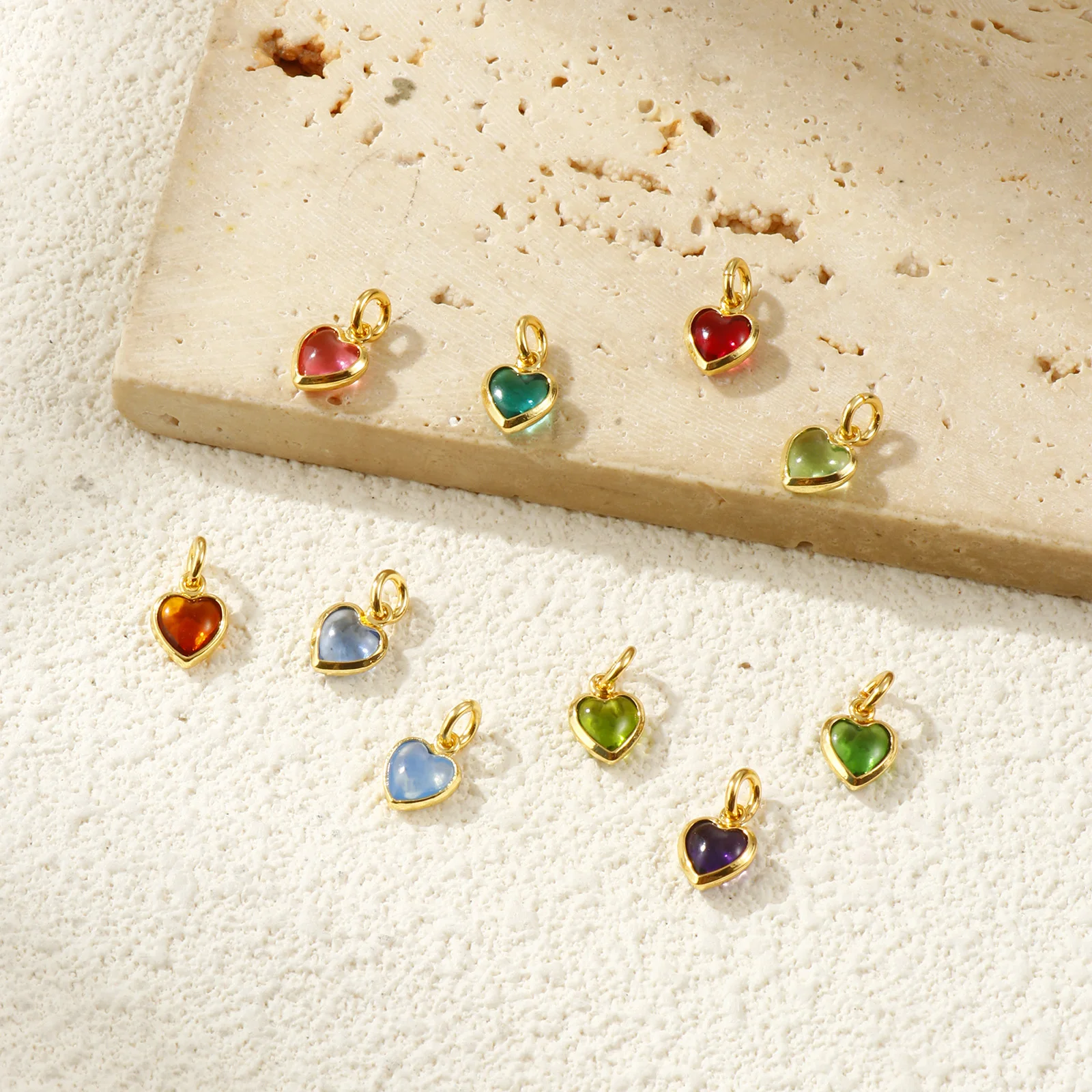 2 PCs Brass & Glass Valentine's Day Charms 18K Gold Plated Heart Mini Pendants For DIY Necklace Earrings Making 12mm x 7mm