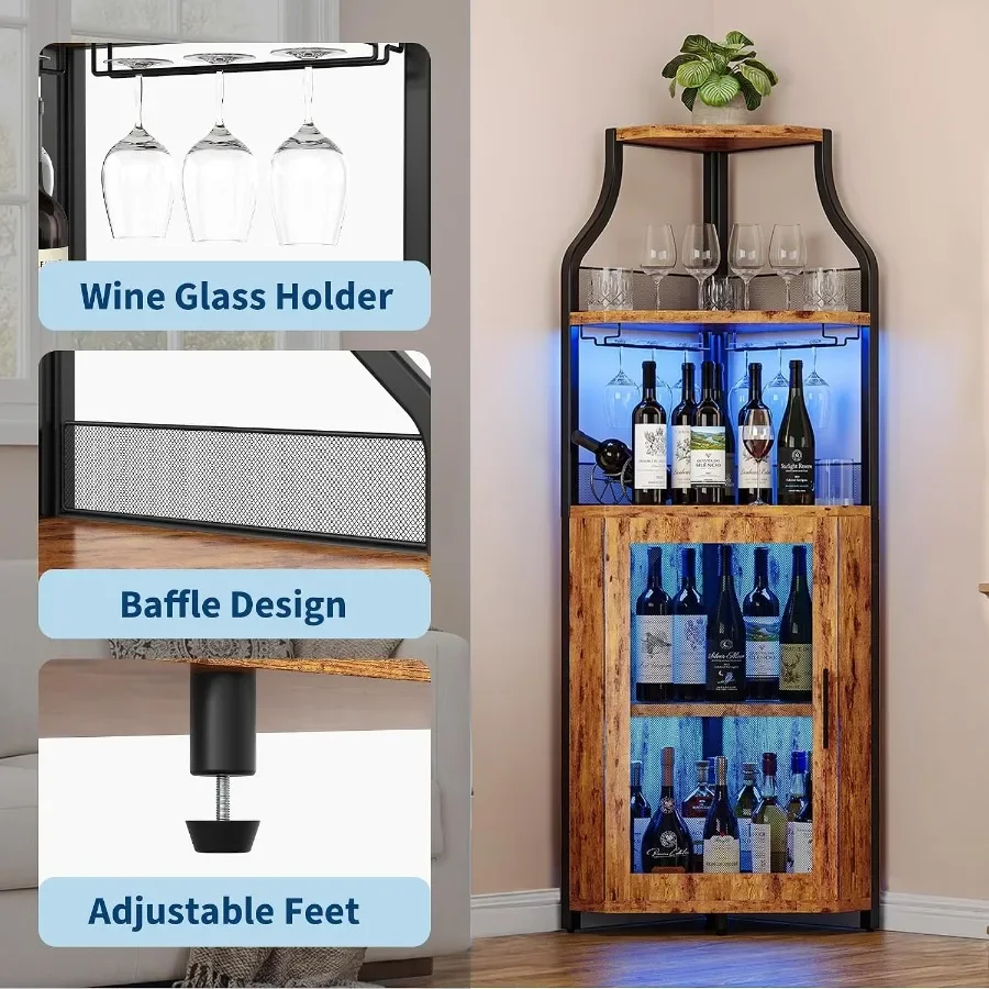 Corner Bar Cabinet for Home Use, MDF Wood in Walnut Finish, LED Lighting 5-Tier Wine Rack with Smooth Sliding Doors view 6