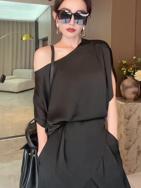 

Gtuq Advanced Light Maturi Sle Oblique Collar oulder Exposure Design Women's Top Summer Irregular Korean Version Loose Fit