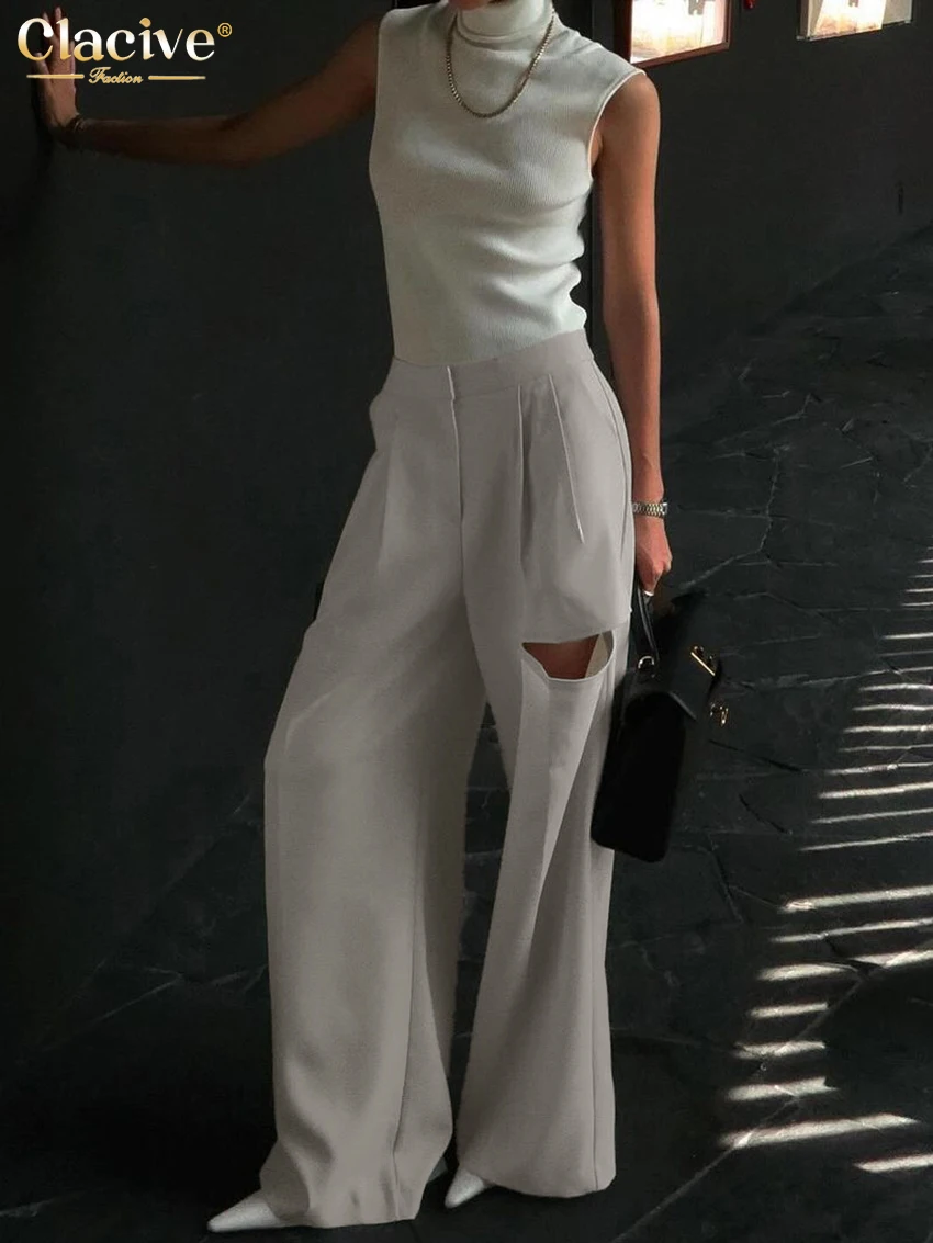 Clacive Fashion Loose Gray Women's Pants 2025 Casual High Waist Wide Leg Pants Elegant Hollow Out Full Length Trousers Female