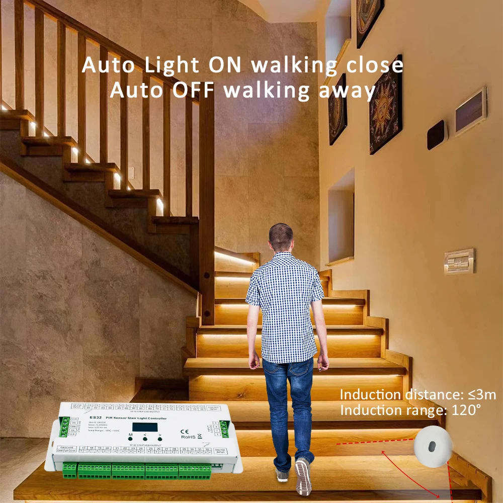 PIR Motion Sensor Light Controller ES32 12V 24V Single Color RGB Pixel Flex 5M LED Strip Infrared Step Lamp Controler for Stairs