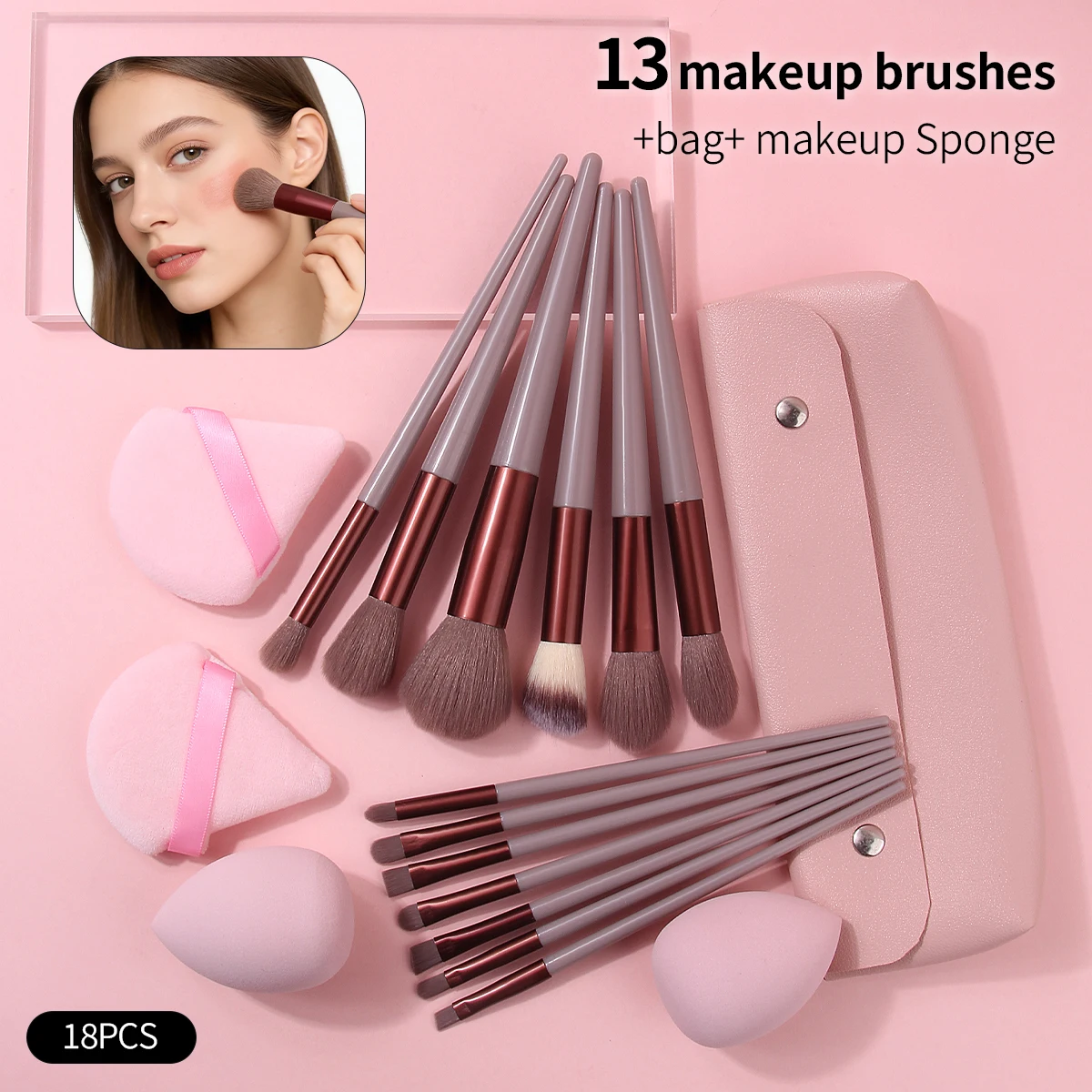 18本のプロフェッショナルメイクブラシセット - 多機能フェイシャルブラシセット + ソフトスポンジパウダーパフ + ポータブル収納バッグ