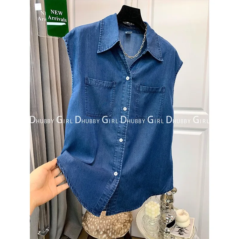 Casual Turn Down Collar Sleeveless Button Up Denim Shirt Summer Fashion Loose Pockets Street All Match Top Blouse Women 2023