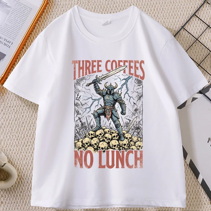 Three Coffees No Lunch T-Shirt Funny Coffee Tee Dark Humor T Shirt Sarcastic Work Warrior Graphic T Shirts Man Short Sleeve