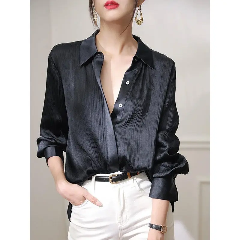 

Women's Acetic Acid Pleated Shirts, Real Silk Shirts, Loose Fitting Copper Spandex Tops, Monochromatic Temperament, Ink Blue