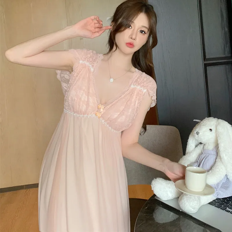 Princess Style Mesh Long Nightdress Lady Elegant Sleeveless Nightgown Sleepshirt Leisure Lace Lingerie Sexy Sleepwear Home Dress