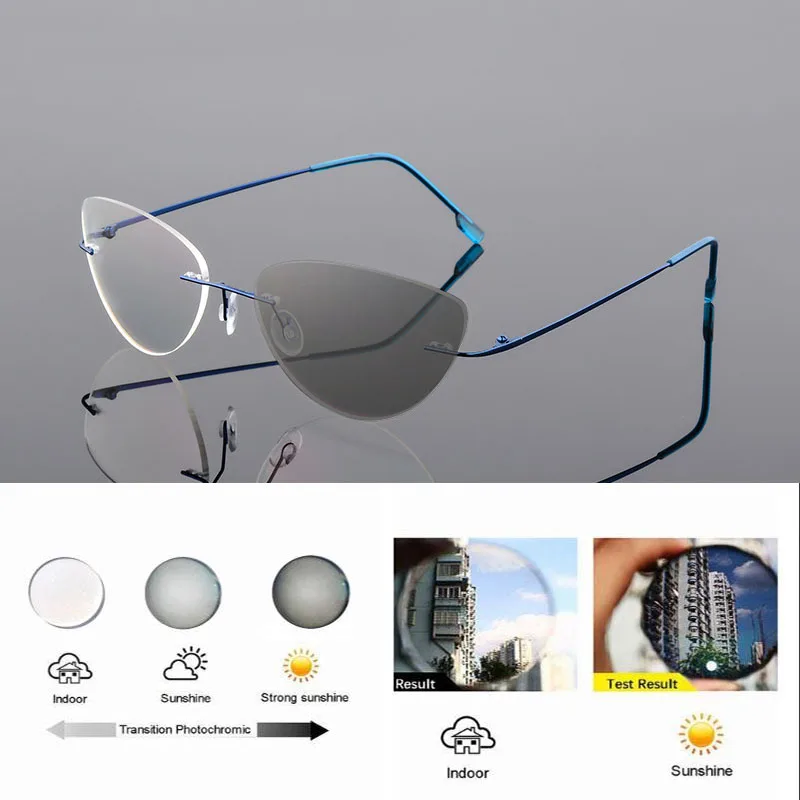 Randlose Memory Titan Legierung Photochrome Lesebrille Frauen Cat Eye Rezept Presbyopie Brillen Klare Verfärben Gläser – Detail 10