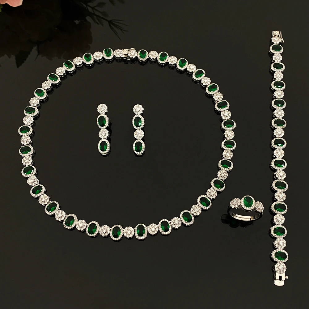 

JRH Bridal Party Gift Luxury Geometric Gold Plated Zircon Jewelry Set Gift Necklace Bracelet Earrings Ring 4 Pc Set
