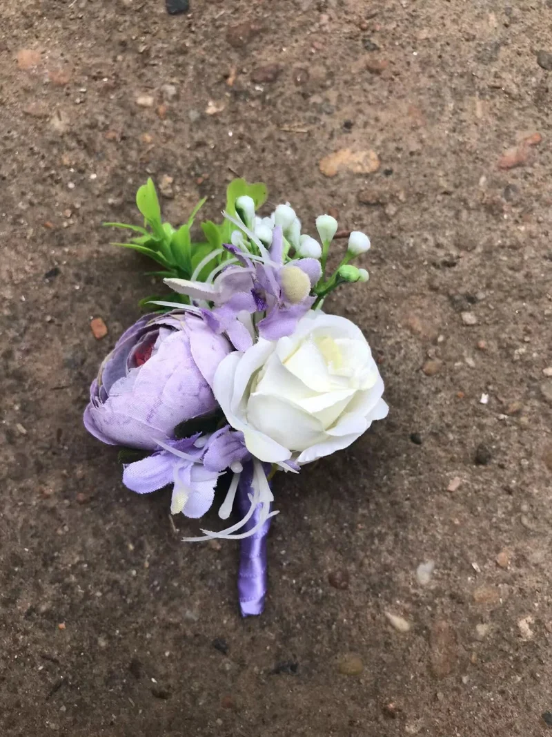 Jasnofioletowy sztuczne kwiaty róży Boutonnires nadgarstek stanik druhna akcesoria ślubne Buche Di Fiori dla La Sposa