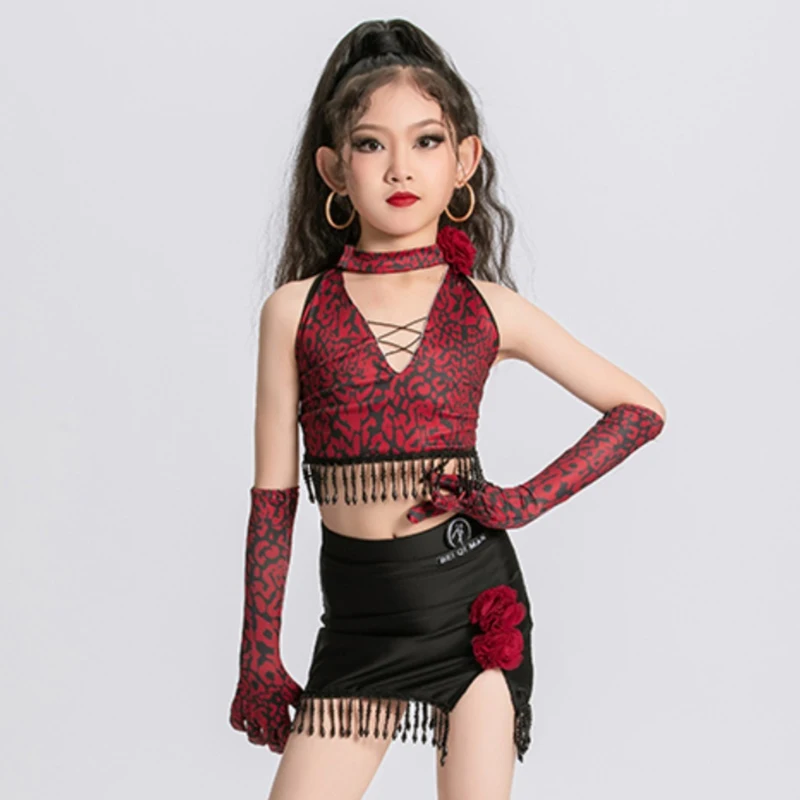 

Red Leopard Latin Dance Costume Girls Performance Suit Flower Fringe Dress Kids Cha Cha Rumba Latin Competition Dresses DNV20442