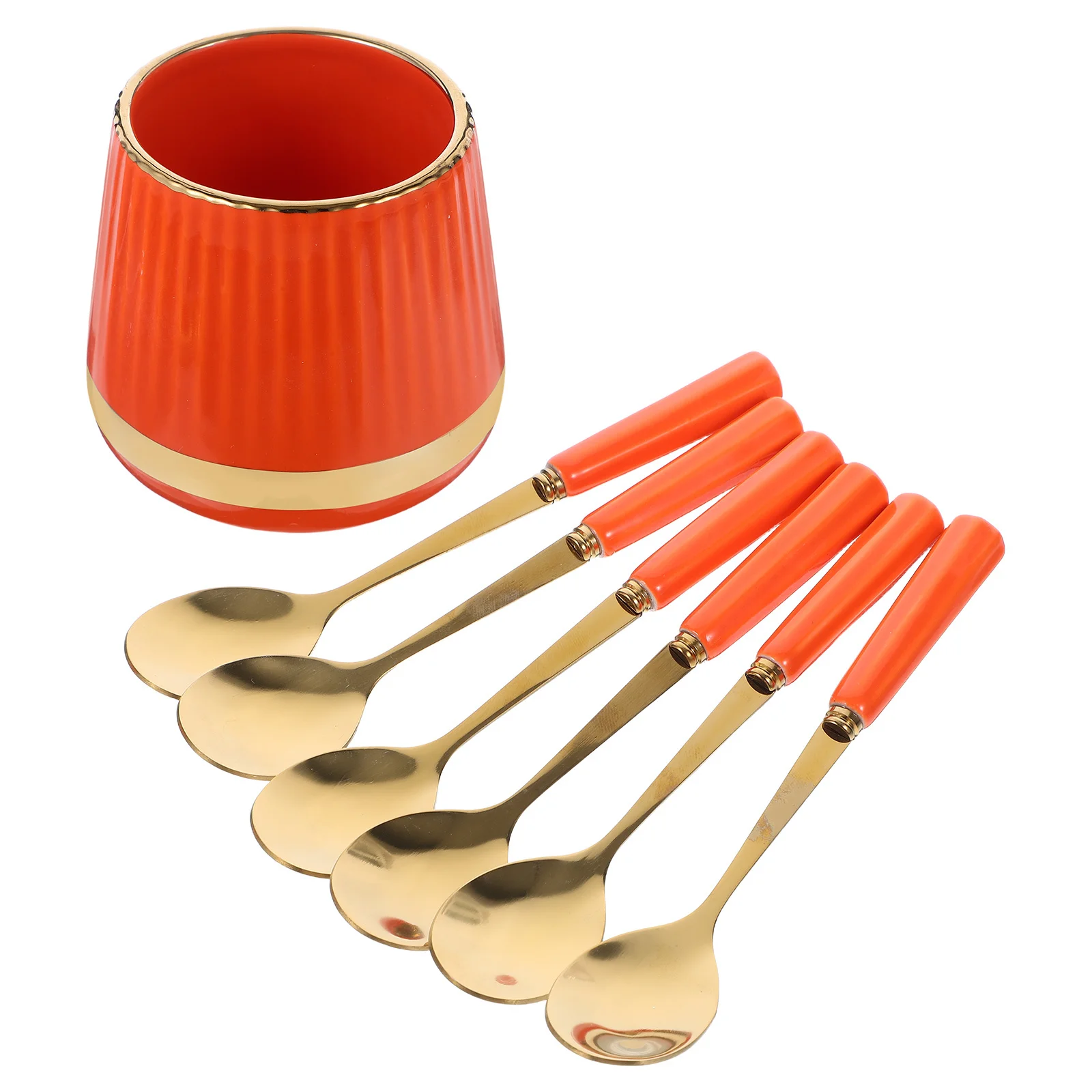 

7Pcs Premium Coffee Spoon Set Stainless Steel Flatware with Ceramic Organizer Jar Ideal for Dessert Fruit Mixing and Tableware