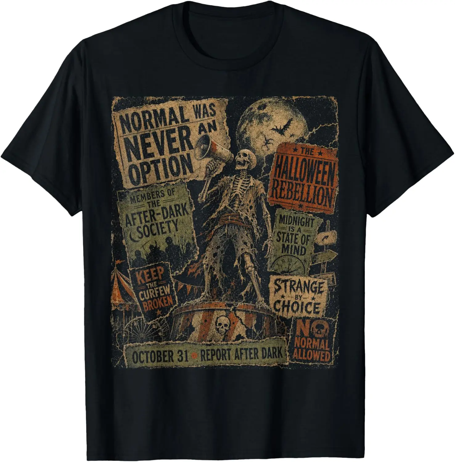 Normal Was Never An Option Skeleton Vintage Halloween Poster T-Shirt Men Women Unisex Novelty Graphic T‑Shirt, Classic Crew Neck 100% Cotton Tee, Lightweight Anti‑Pilling Breathable Casual Tops, Year‑Round Daily Outfit, Holiday Birthday Present Tee