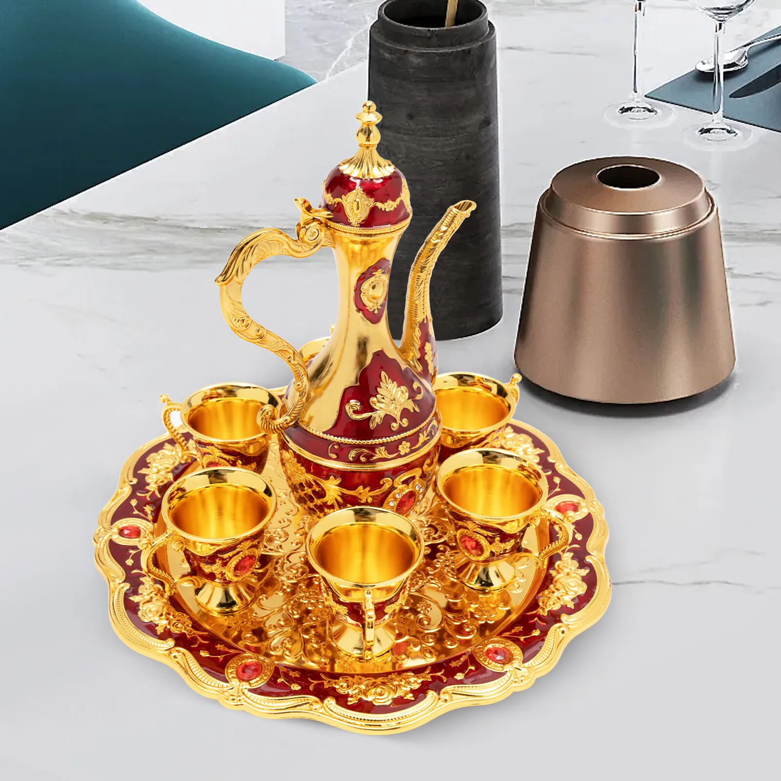 

250ml/8.45Oz Vintage Metal Turkish Coffee Pot Set Turkish Tea Set with 6 Coffee Cups & Tray