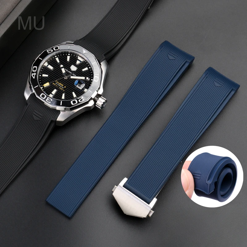 Black Blue for Tag Heuer Aquaracer Series Dainty Dust-free Watch Strap Waterproof Curved Interface Silicone Watchbands 22mm