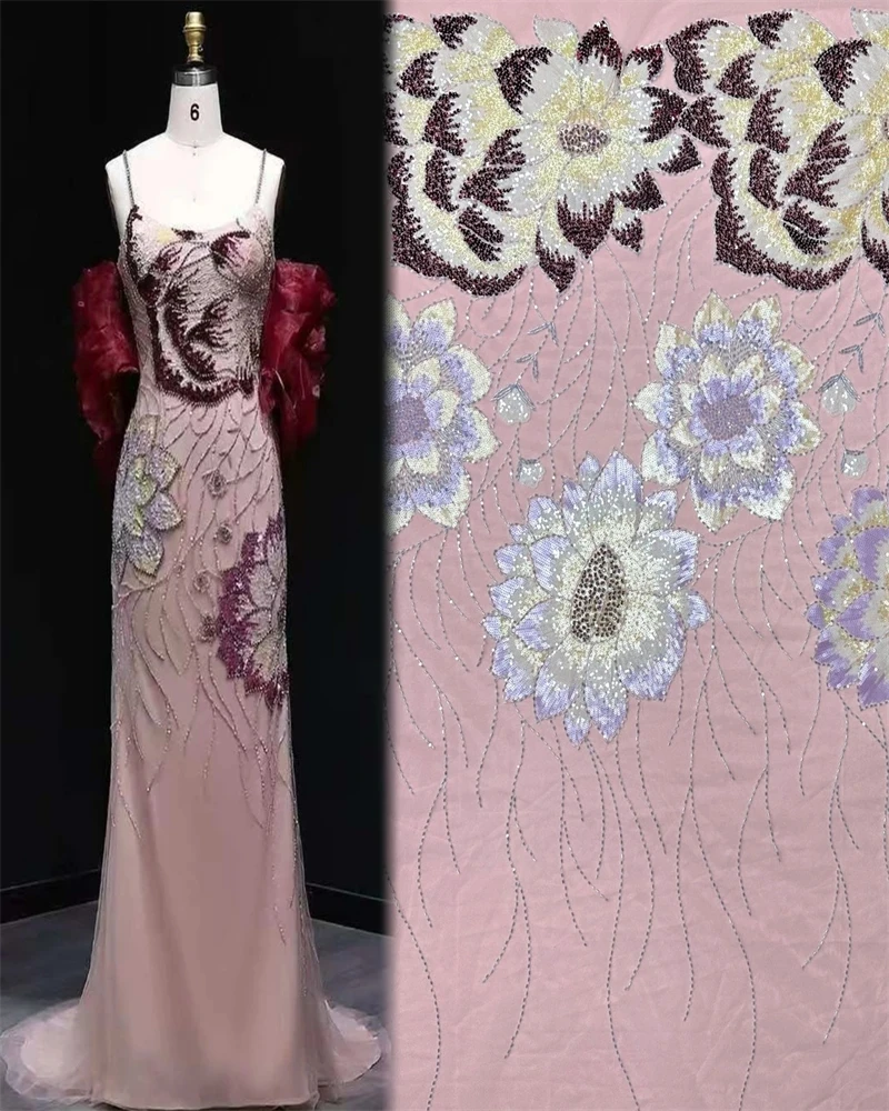 

Luxury Handmade Embroidery Net Lace Fabric with Full Beads Unique Fashion Design for Women's Wedding Dress Making