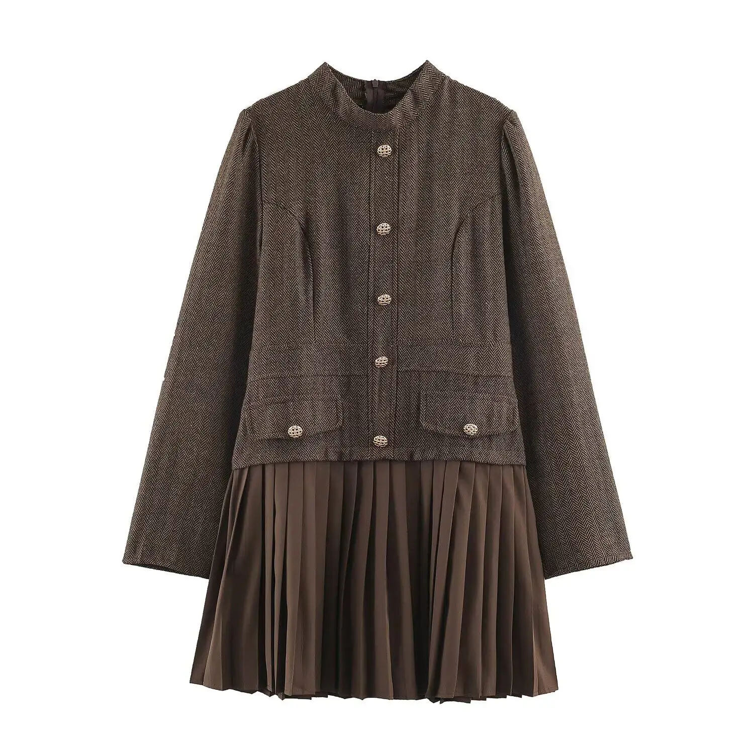 SuperAen Autumn New European and American Style Women's Clothing Dress Pleated Patchwork Office Lady Stand Neck Dresses