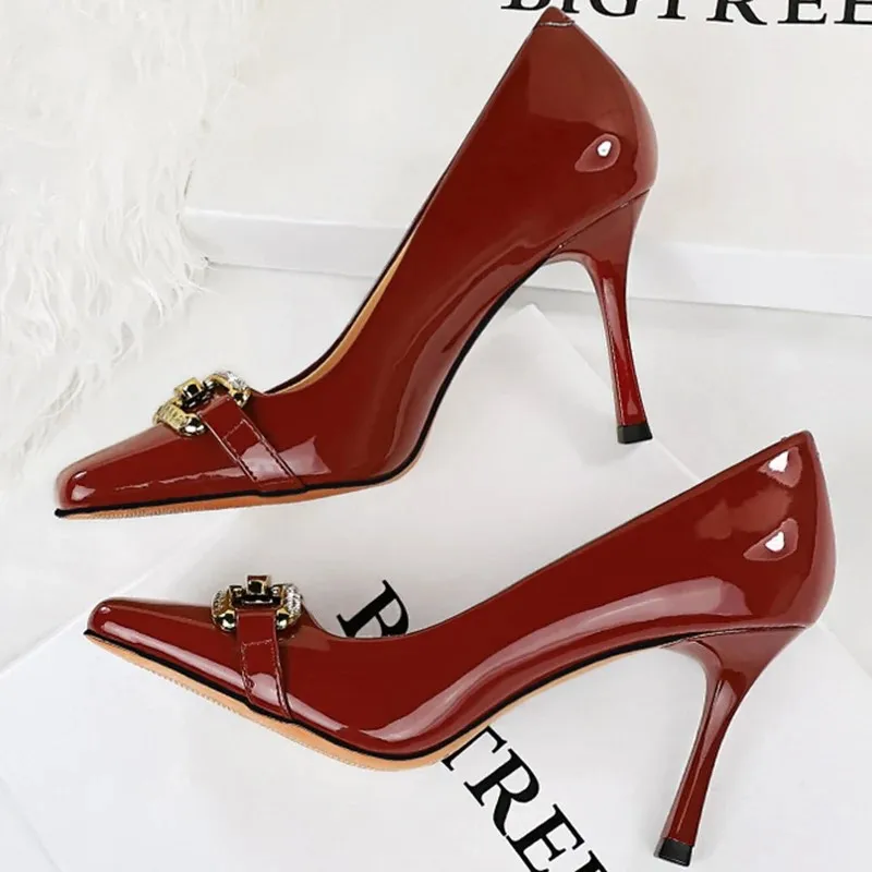 BIGTREE Elegant Women Nude 8.5cm Thin High Heels Pumps Office Lady Glossy Patent Leather Square Toe Metal Crystal Buckle Shoes