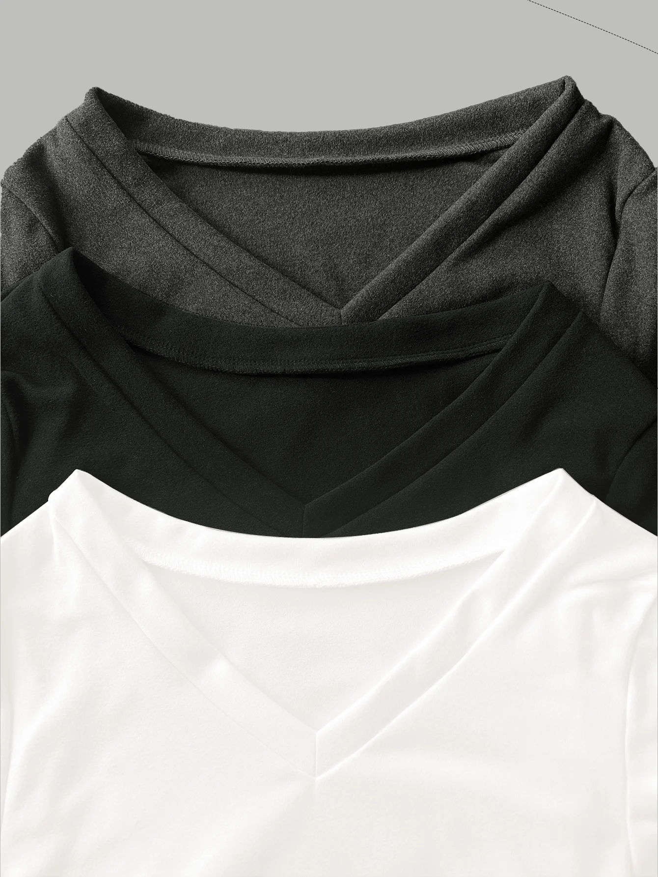 3er-Pack Damen V-Ausschnitt Fleece-gefüttertes Langarm-Oberteil mit seitlicher Raffung, schmal geschnittenes Crop-Top, thermisch warm, Herbst-Winter-Basic-Shirt – Detail 7
