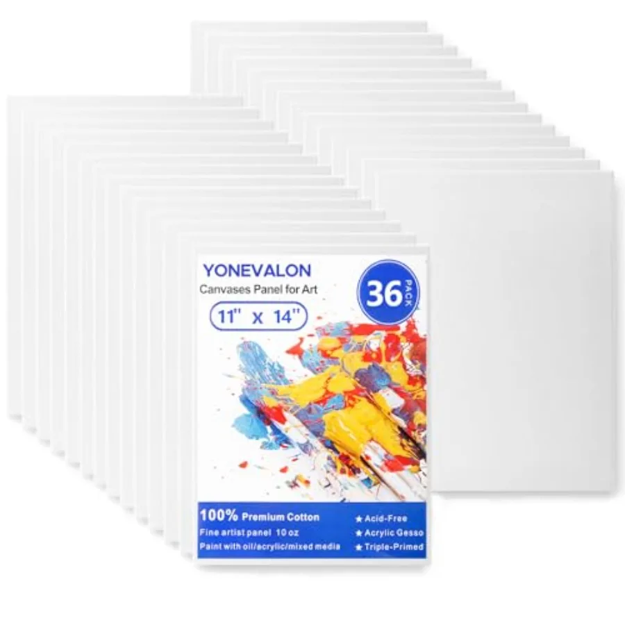 36 Pack 11x14in Canvas Boards for Painting, Bulk Blank Canvases for Art Practice Exploration, Gesso Primed Acid-Free 100% Cotto