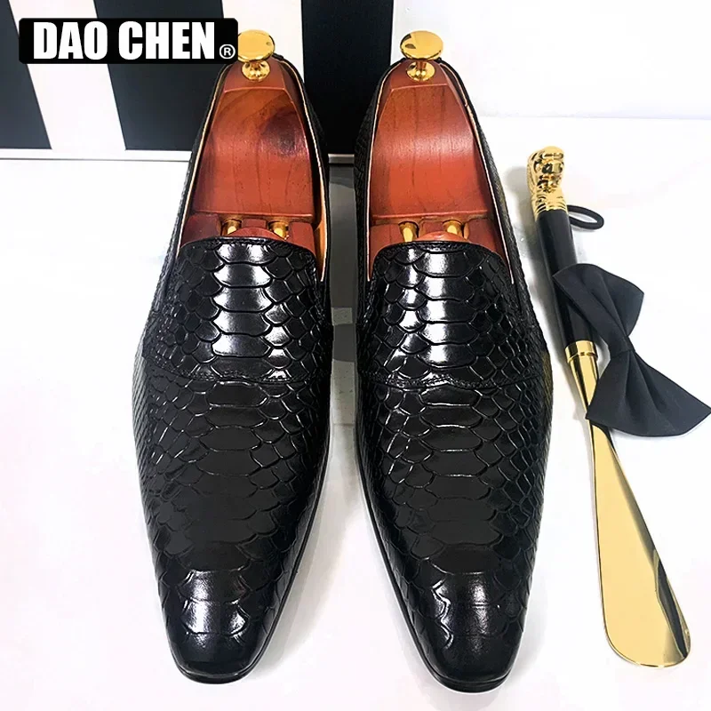 LUXURY MEN\'S LOAFERS SHOES SNAKE PRINTS CASUAL MEN DRESS SHOES BLACK SLIP ON LOAFERS OFFICE WEDDING LEATHER SHOES MEN