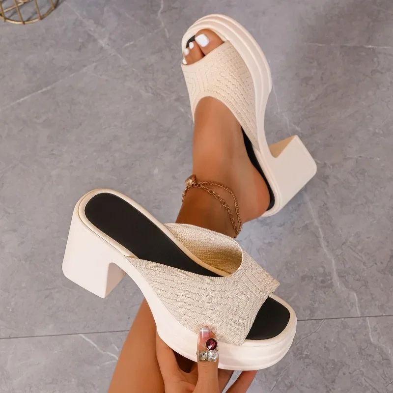 2025 Summer Women's Open-Toe Thick Platform Flip Flops New Outdoor Chunky Heel Slide Slip Fashion Minimalist High Heels Zapatos