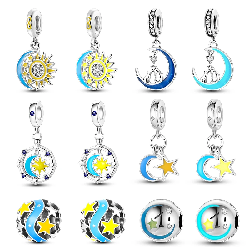 100% 925 Sterling Silver Glow In The Dark Star Moon Sun Luminous Charms Beads Pendant Fit Qikaola Original Bracelets DIY Jewelry