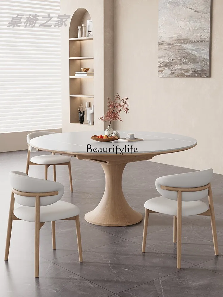 French Cream Style Solid Wood Stone Plate Retractable Dining Table Household Small Apartment Square and round Dual-Use Table