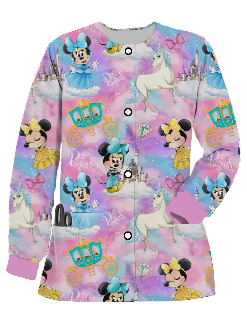 New Disney Mickey print women's long-sleeved nurse uniform spring and autumn pocket cardigan doctor work uniform surgical unifor