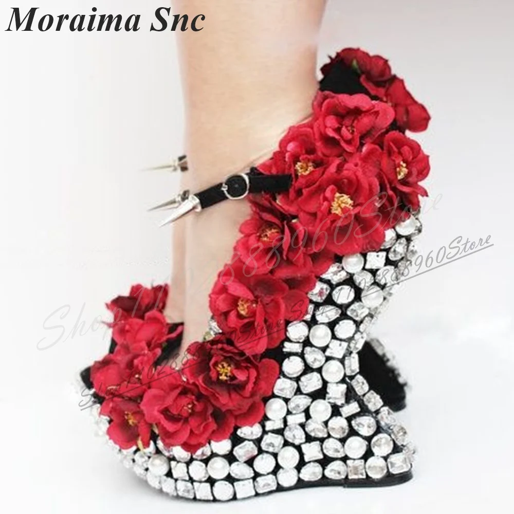 

Mixed Crystal Platform Rivet Flower Pumps Strange Style Heel Women Shoes Ankle Buckle Strap Pointed Toe 2025 Zapatos Para Mujere