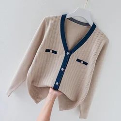 Spring Autumn New Contrast Knitting Cardigan Long Sleeve V Neck Loose Button All-match Sweaters Fashion Vintage Women Clothing