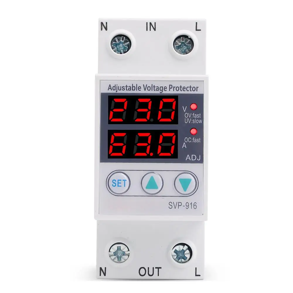 SVP-916 Automatic Adjustable Voltage Relay Over Under Voltage Protection 40A 63A 80A ​Limit Current Dual Display Surge Protector