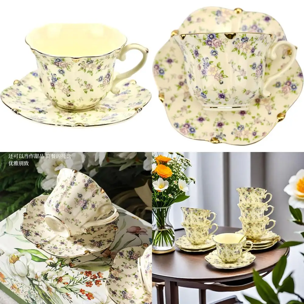 

country roses bone china tea cup and saucer set, 3 pieces, vintage style, for women and tea parties(yellow,1 set)