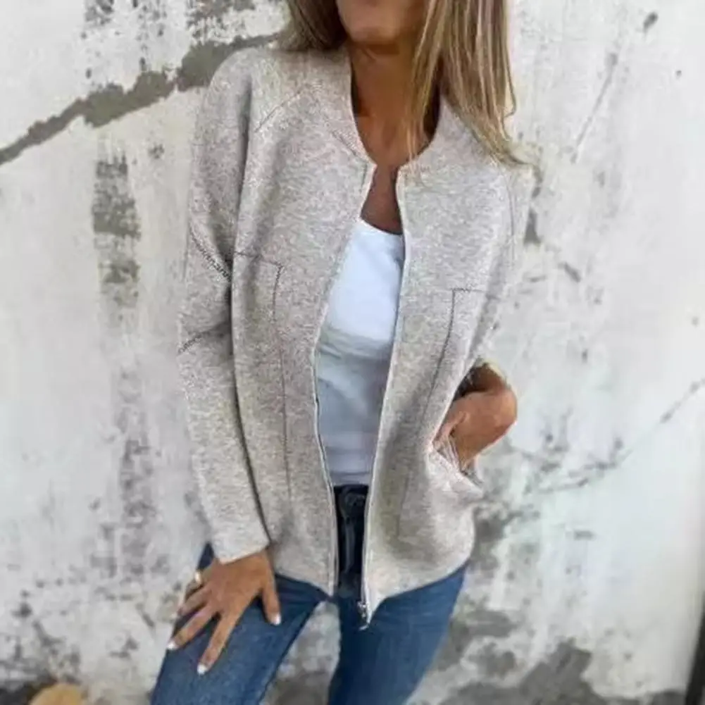 Casaco de beisebol feminino com zíper monocromático, jaqueta elegante, cardigã solto, casaco casual para uso diário, outono e primavera