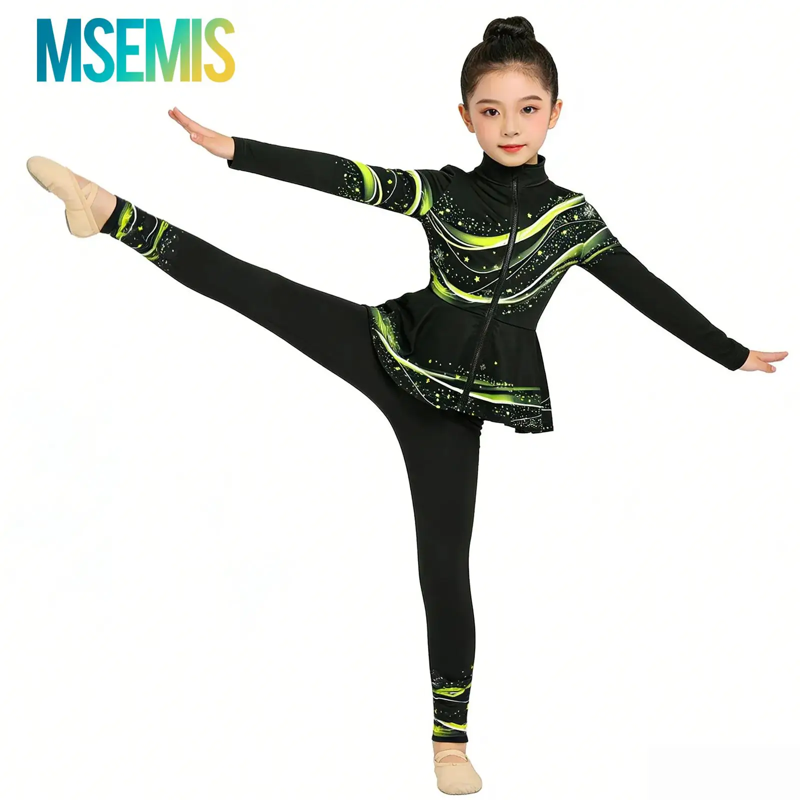 

Kids Girls Print Figure Skating Performance Costume Ballet Dance Outfit Long Sleeve Zipper Peplum Jacket with Leggings Dancewear