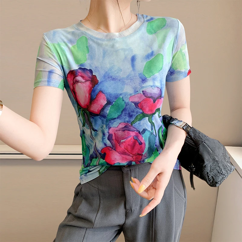 Faionable Women's Printed T-irt Summer New Sle Slim Fit round Ne ort Sve Ice Silk Me Top Korean Sle Commute