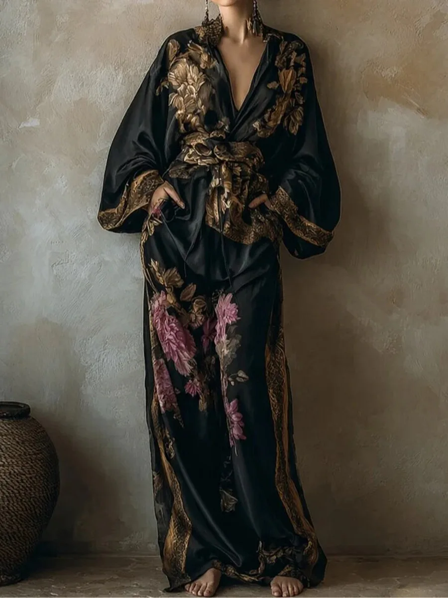 

Женский комплект из двух предметов: топ с глубоким V-образным вырезом и цветочным принтом, брюки с широкими штанинами. Ретро-элегантный стиль для весны и осени, повседневный, для отпуска, шикарный образ для женщин.