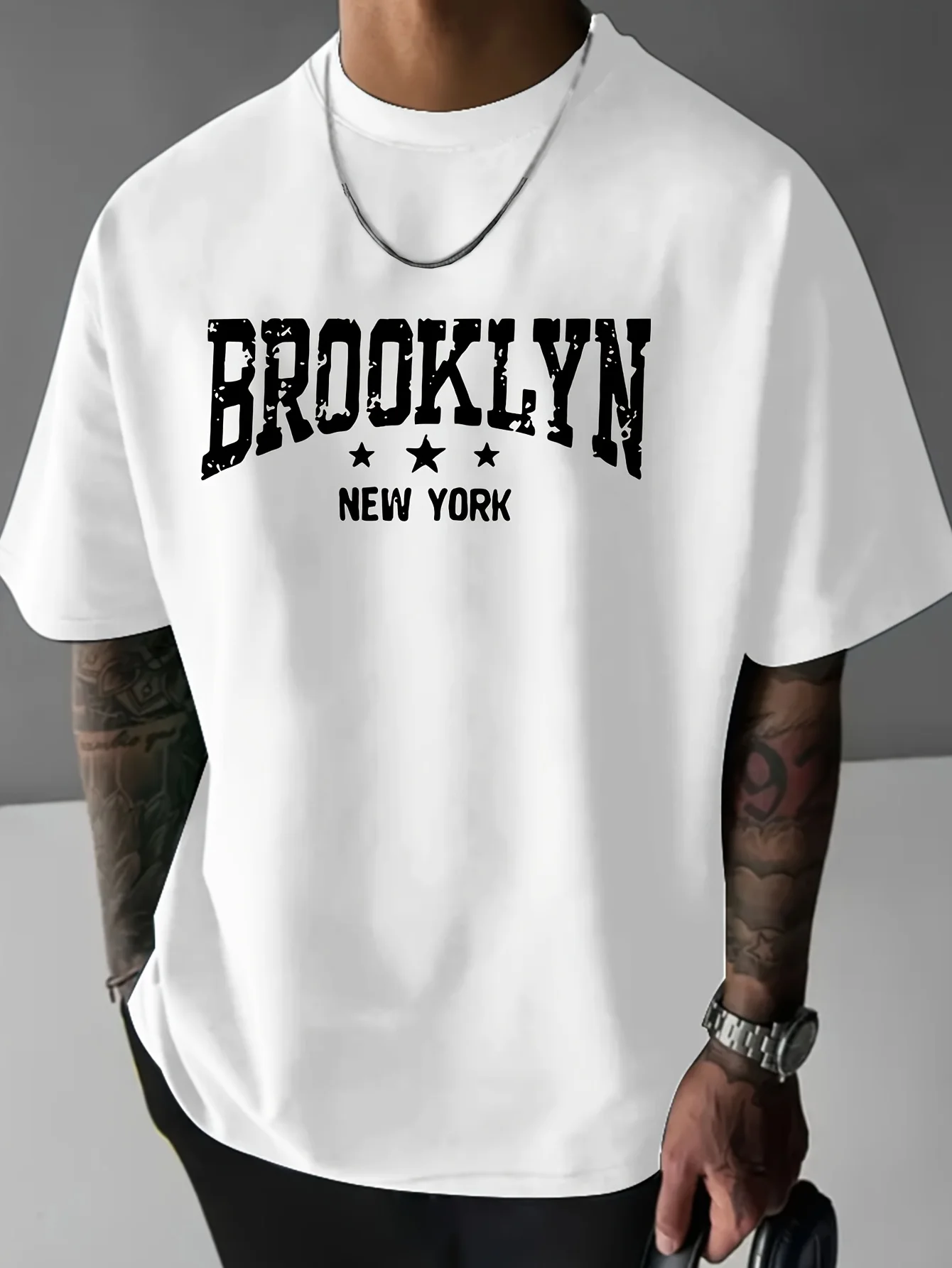 Men's Brooklyn pattern T-shirt - casual street style, breathable and comfortable, white bold "BROOKLYN NEW YORK" print, light