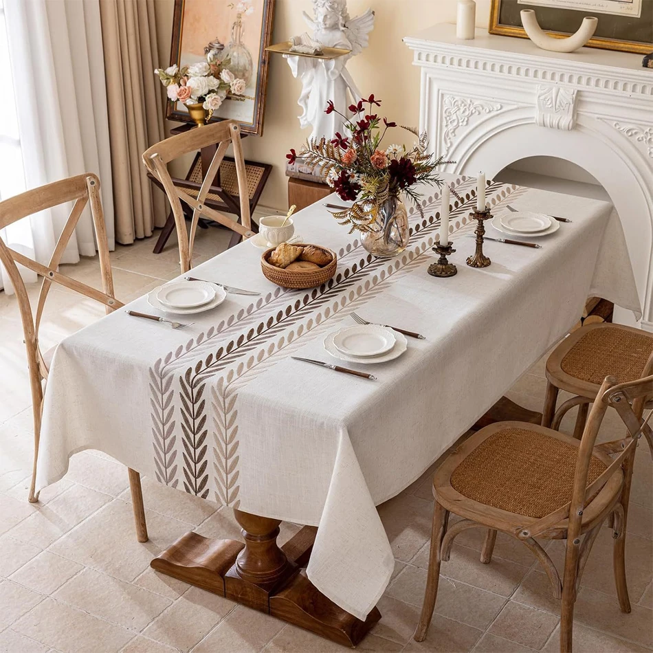Embroidery Anglicanum Tassel Tablecloth, Cotton Linen Dust Proof Table Cover, for Kitchen Dining Room,Home Party Tabletop Decor