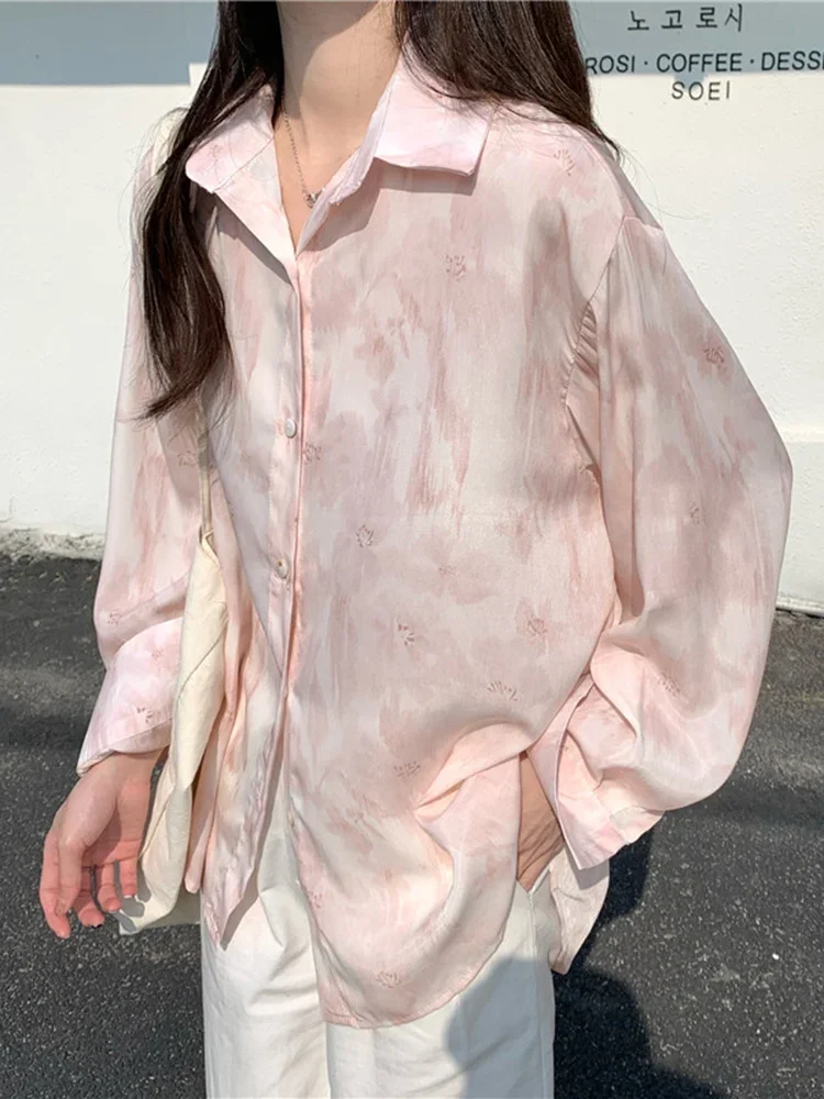 Fashion Pink Tie Dye Sweet Shirt Women Loose Korean Sun Proof Blouse Elegant Gradient Color Casual Female Cute Chic Tops