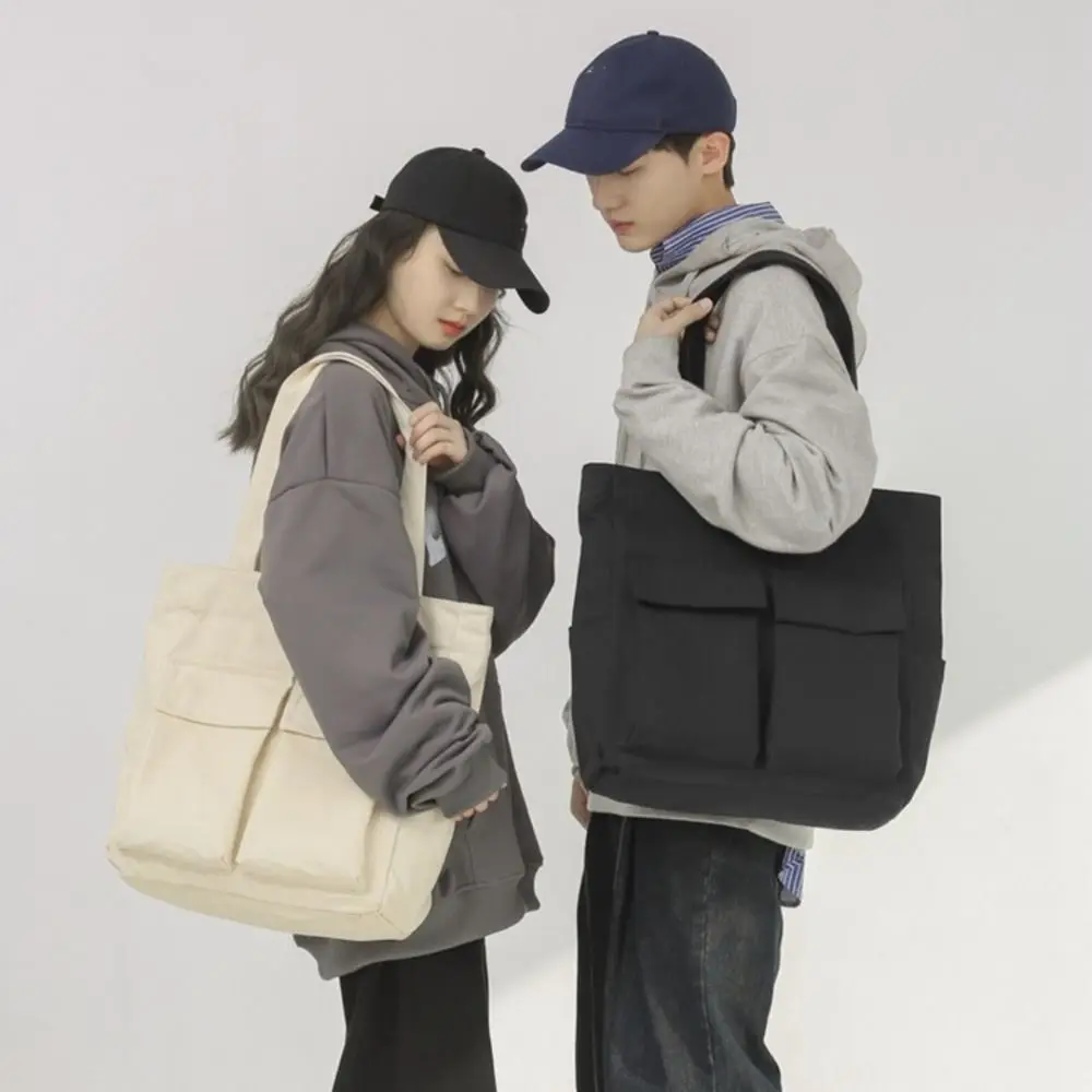 

Korean Multi-pocket Tote Bags Large Capacity Chic Single Shoulder Bag Canvas Light Weight Messenger Bags Handbag