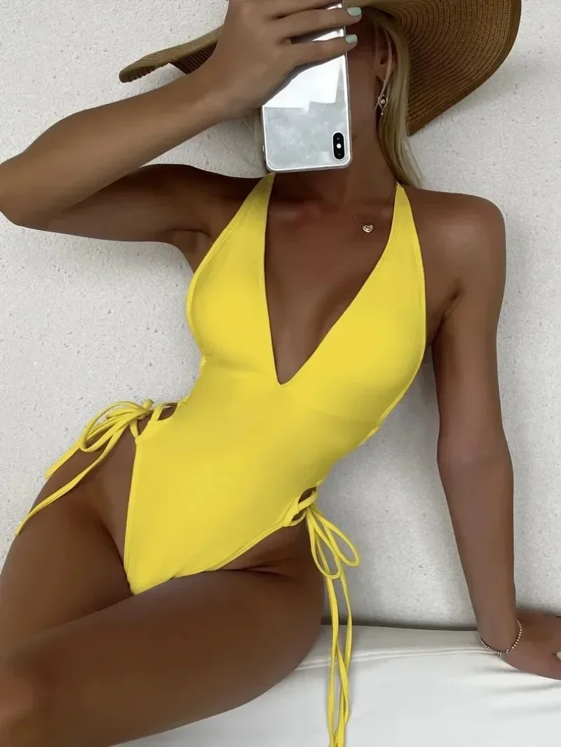 Sexy Deep V Neck One Piece Swimsuit Women Solid Yellow White Hollow Out Pleate Swimwear Beach Bandage Bathing Suit Monokini