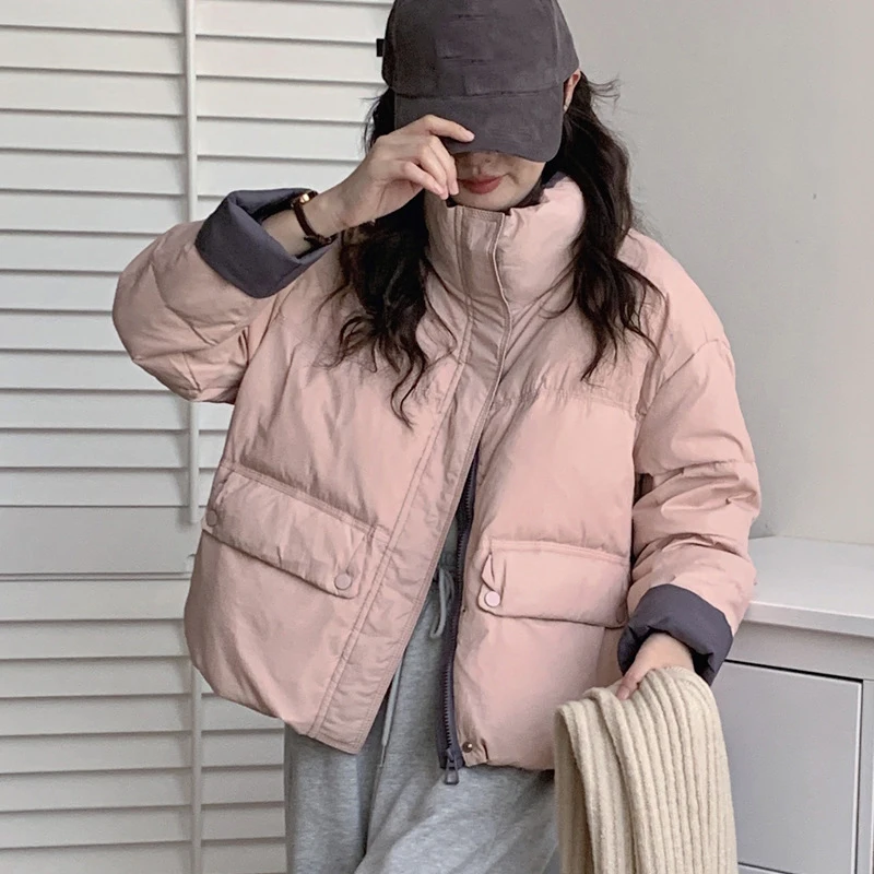 Winter Women's Cotton Jackets Fashion Contrast Color Stand Collar Short Cotton-padded Jacket Korean Thickened Warm Loose Coats