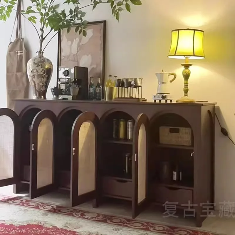 

French retro solid wood dining side cabinet rattan household storage cabinet medium antique arched tea cabinet against the wall