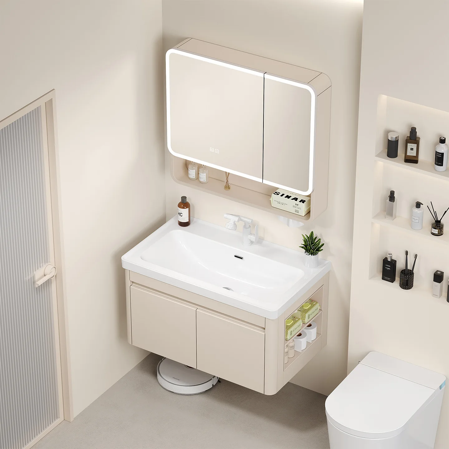 Honeycomb aluminum strip side storage deepening ceramic integrated wash basin arc ocean basin bathroom cabinet