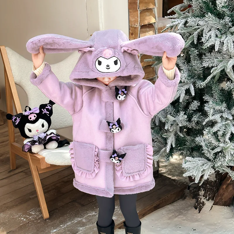 Sanrio Kuromi Anime Plush Fur All-in-One Coat Hooded Jacket Casual Loose Zip single-breasted Jackets Casual Loose Tops